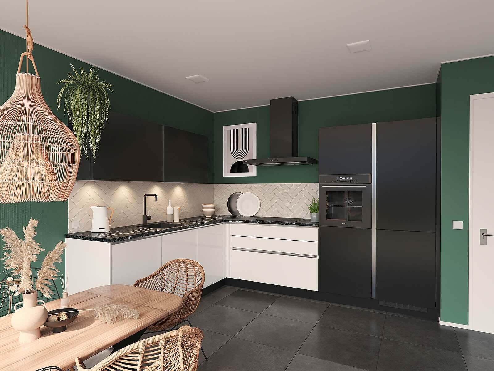 Combinatie witte en zwarte keukenkasten