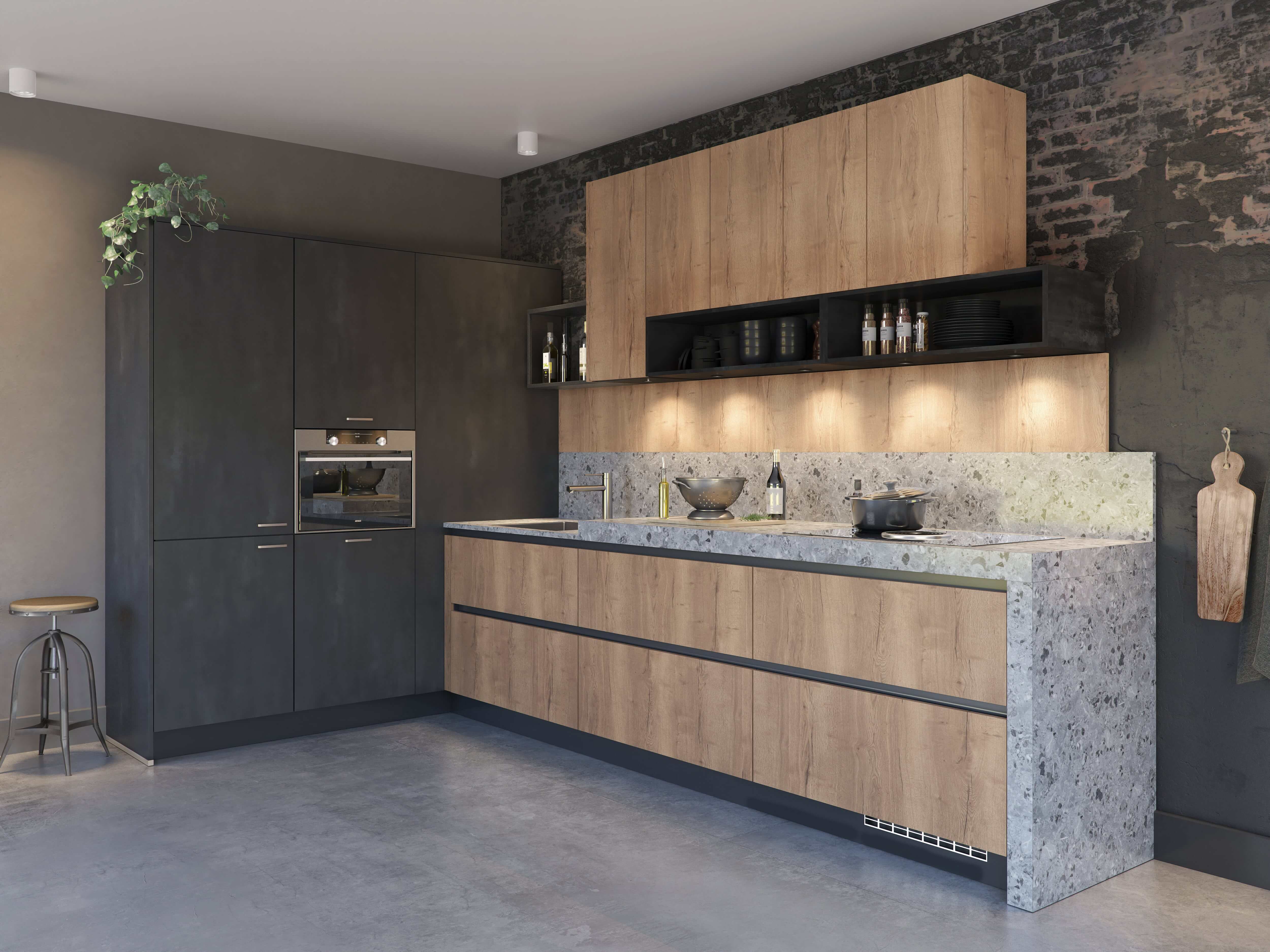 Stoere industriele keuken met betonlook details