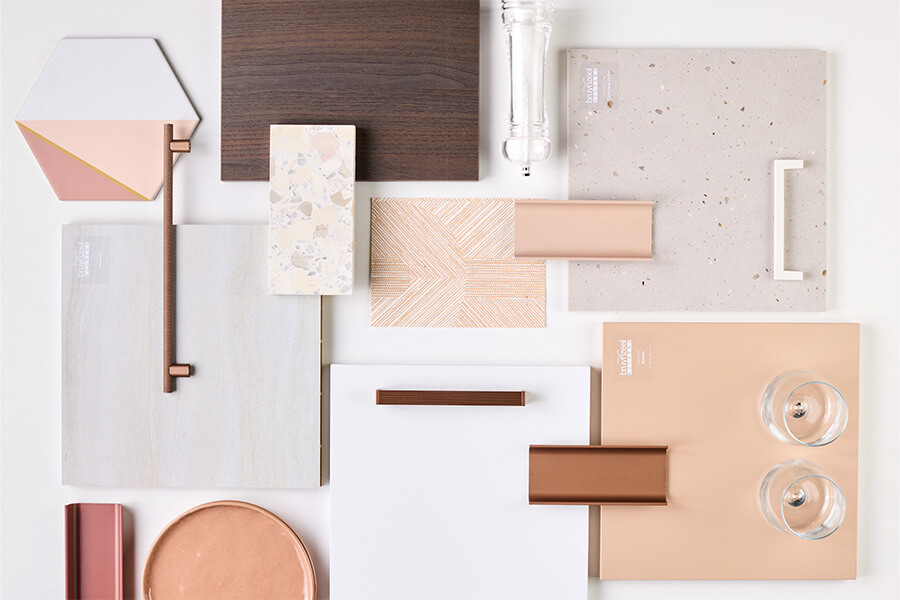 Moodboard met witte keukenkleuren en lichte materialen