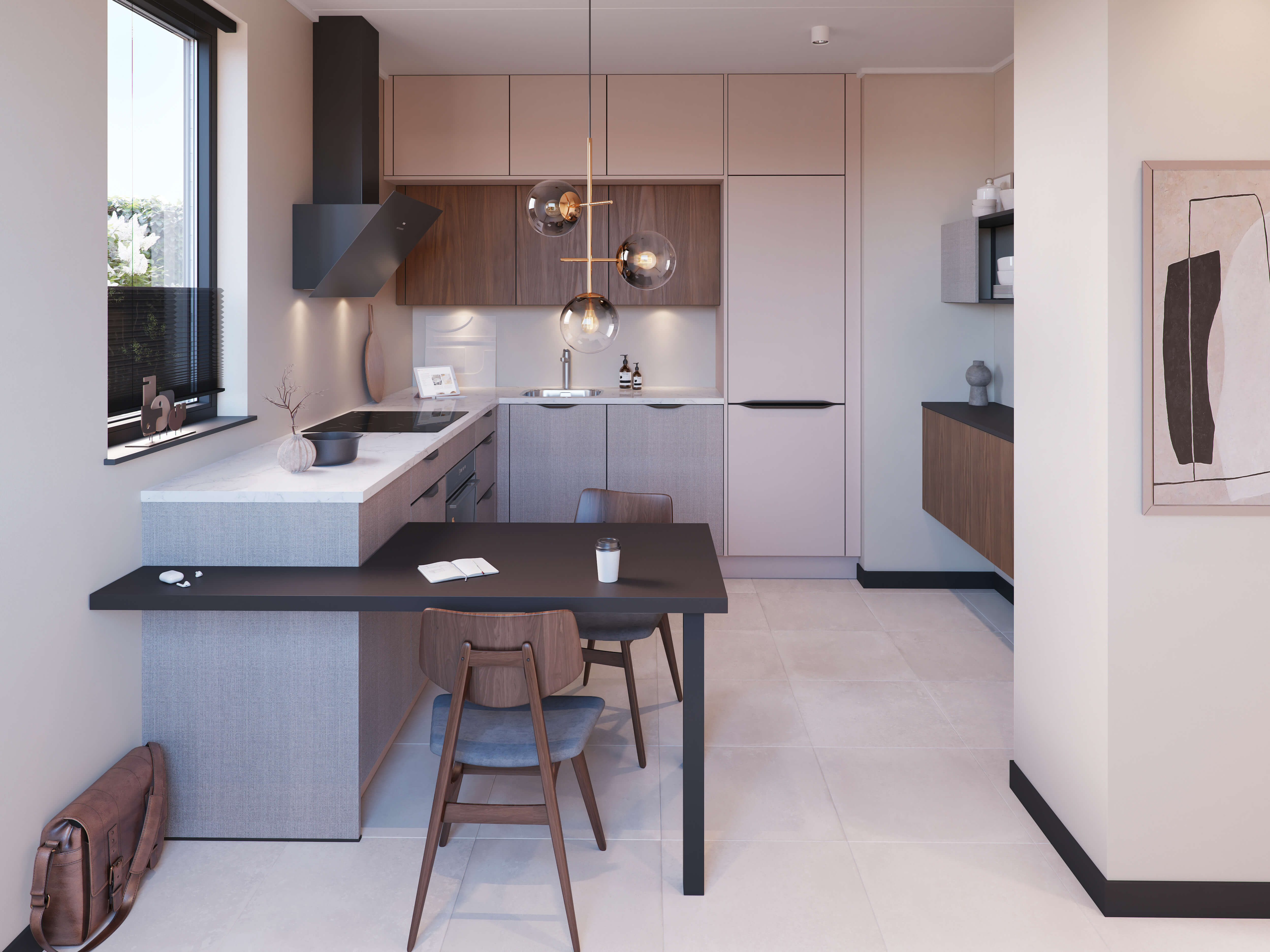 Compacte design keuken met linnen deur