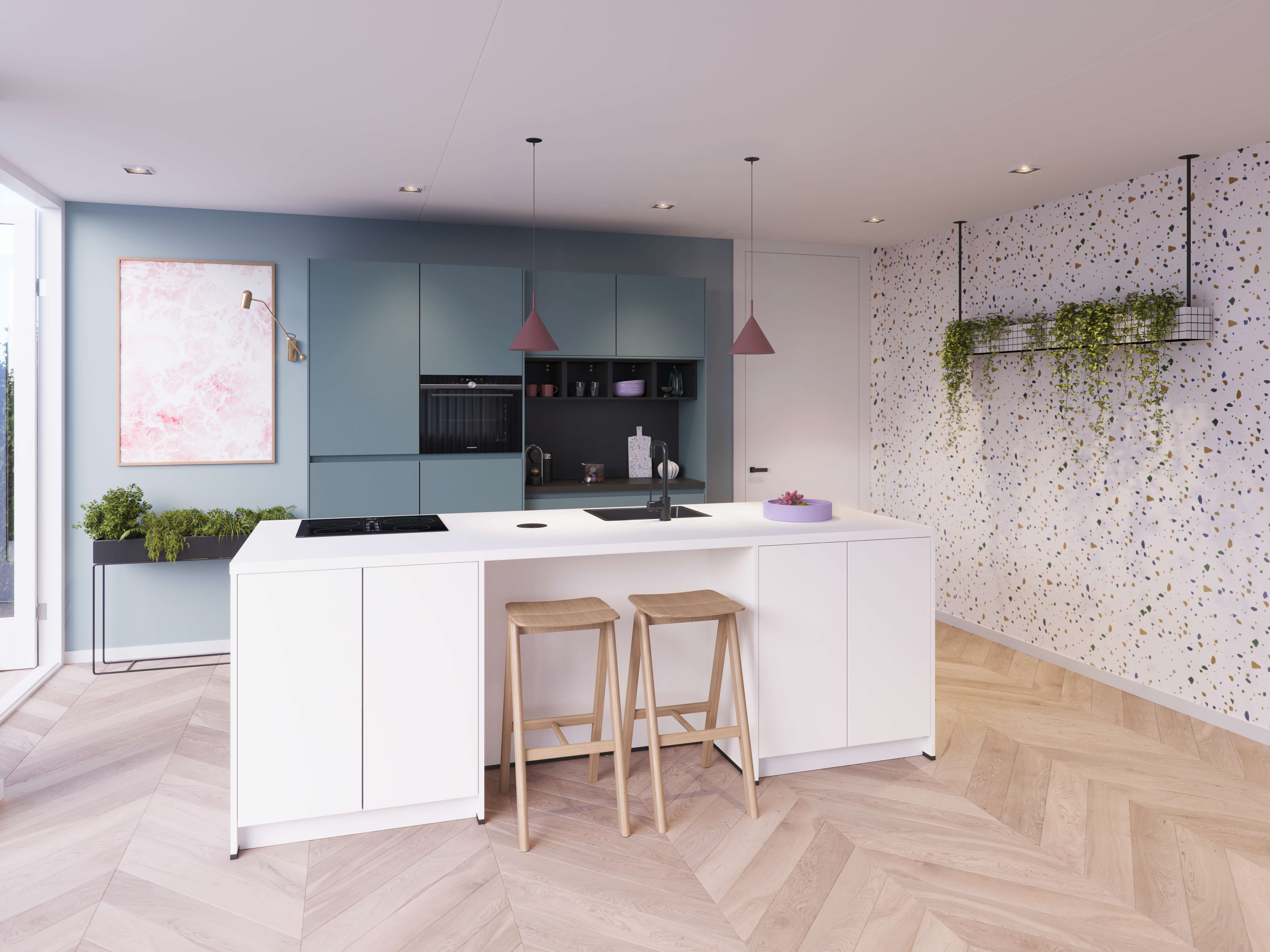 Moderne strakke keuken met wit kookeiland