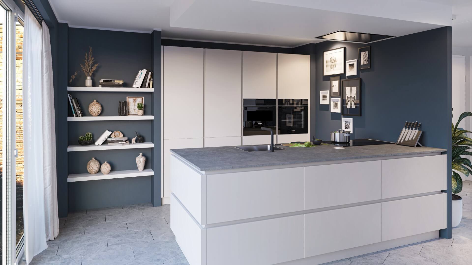 Lichtgrijze eilandkeuken met grijs keukenblad